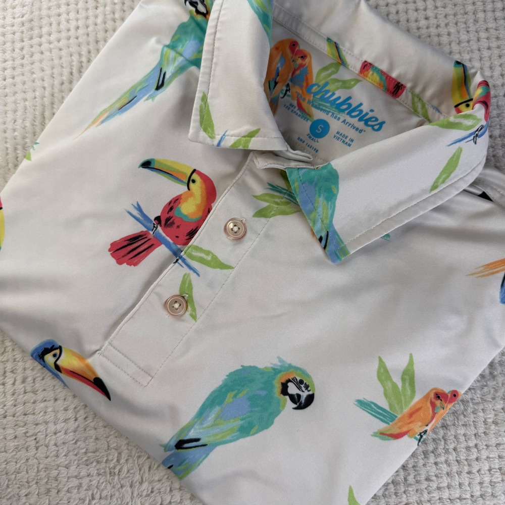 Chubbies Mens Small Tropical Bird Print Polo Shirt Toucan Parrot Short Sleeve